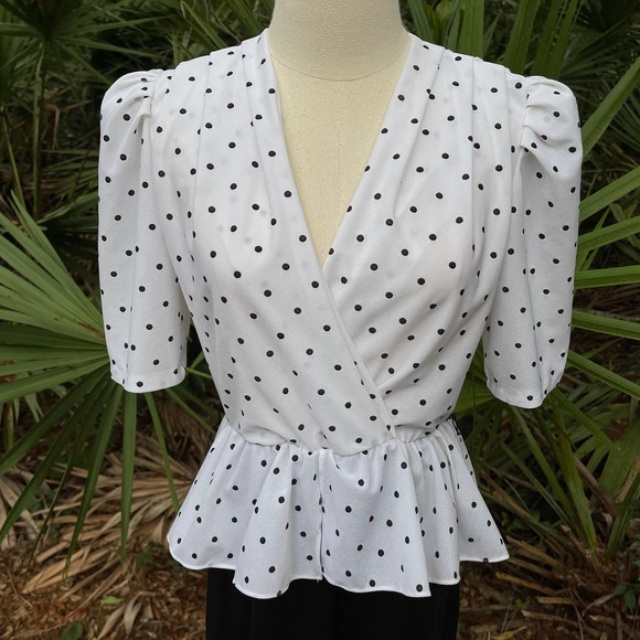 Vintage 80s Polka Dot Midi Peplum Dress Black White Puff Sleeve Sally Lou Size 8 - Picture 2 of 8